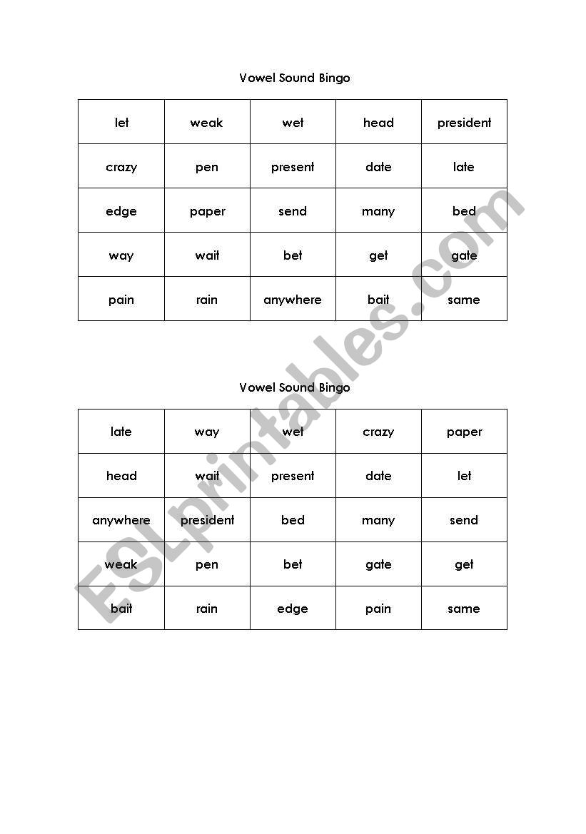 Vowel Sound Bingo [ɛ] and [eI]